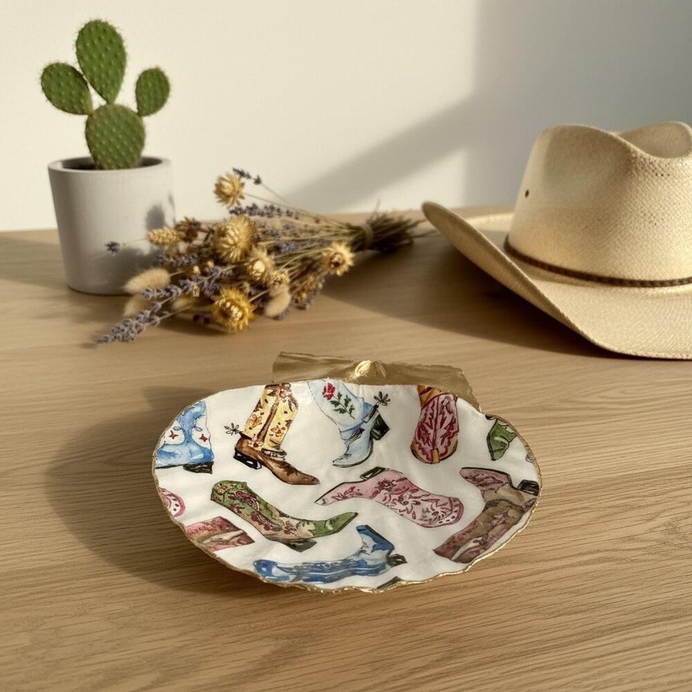 Cowboy Boot Shell Ring Dish Handmade Trinket Dish, Western Gift Country Girl